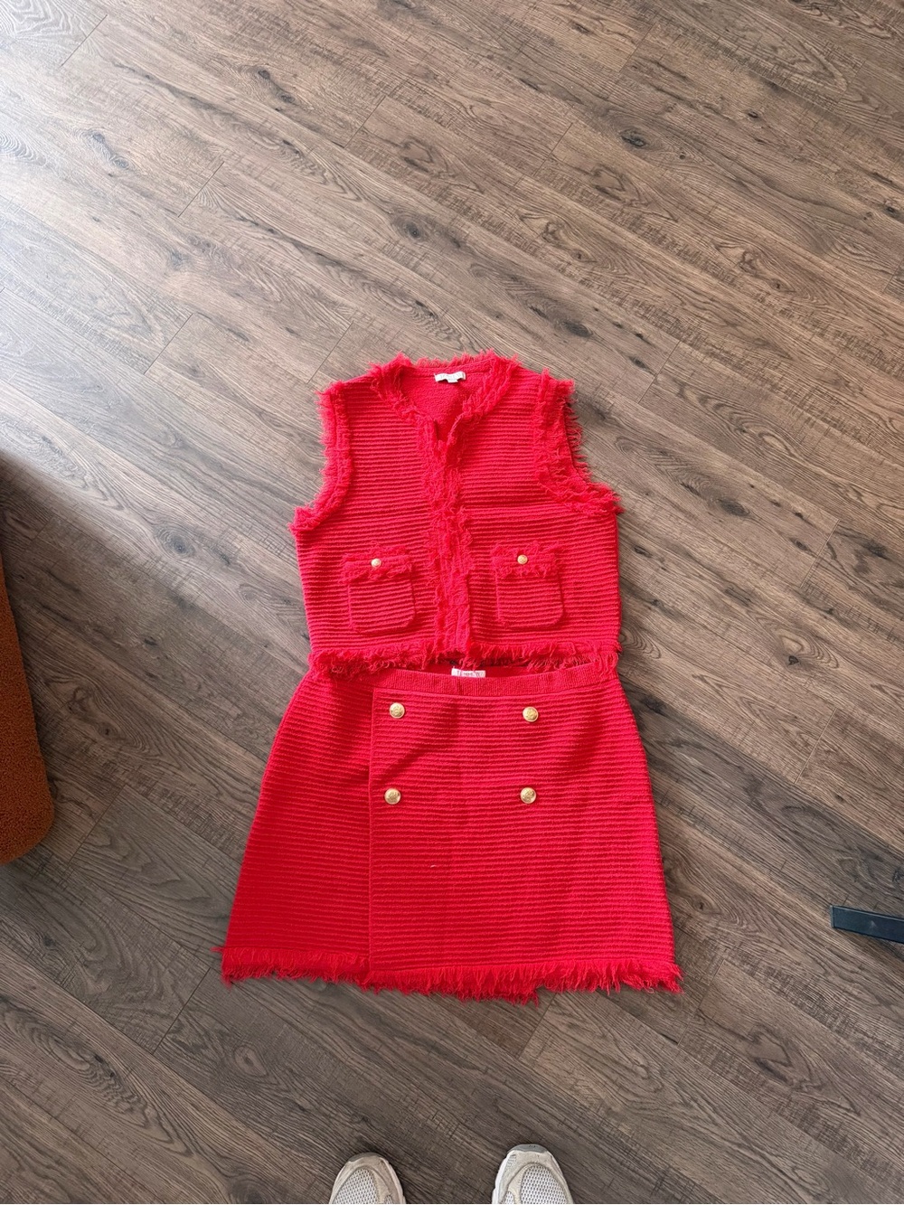 J. Crew Womens Vibrant Red Tweed Vest and Double-Breasted Skirt Set